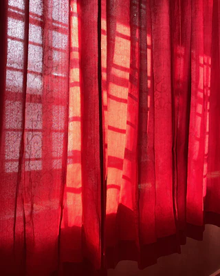 Afternoon sun through red sheer curtains at Lola’s private incall flat in Earl’s Court
